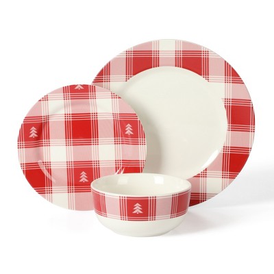 Red and White Plaid Ceramic Holiday Dinnerware Set, Service for 4