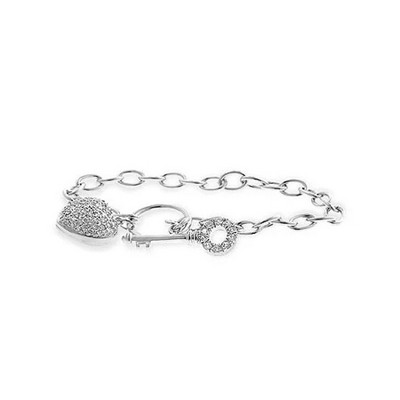 ShineHigh Heart and Key Charm Bracelet for Women, 7.25-Inch Rhodium-Plated Link Design with Pave Cubic Zirconia, Classic Toggle Clasp Closure