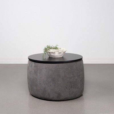 Gray and Black Round Upholstered Lift-Top Storage Ottoman