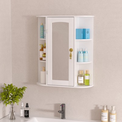VECELO Bathroom Storage Cabinet with Mirror, Wall Mounted Medicine Cabinet with Door & 6 Open Shelves, Inner Adjustable Shelf, White