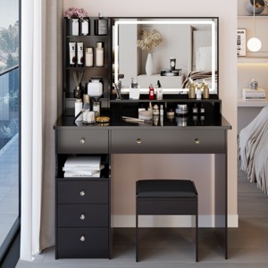 Small Vanity Desk with LED Lighted Mirror & Cushioned Stool, Compact Design with Sliding Drawer for Teen Girls Bedroom-Cuddlewood - 1 of 4