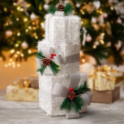 Syemin Decorative Holiday Scene Props Lighted Gift Boxes Set of 3 Present Boxes Ornament Christmas Outdoor Indoor Decorations, White, 12"*12"*12"