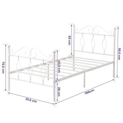 FurnitureR Twin Size Metal Bed Frame with Headboard and Footboard, Steel Slats Support, Noise-Free, Underbed Storage, White