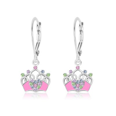 Chanteur Hypoallergenic Kids Jewelry Accessories Crown Pink CZ White Gold Palladium Plating Earrings leverback is made from 925 Sterling silver