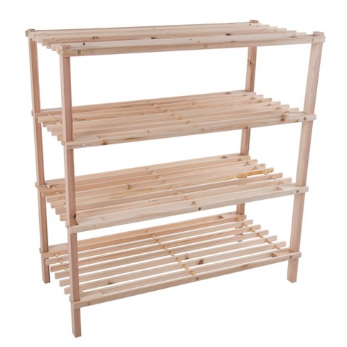 4-Shelf Closet Shoe Rack with Natural Wood Frame and Chrome Wire Shelves