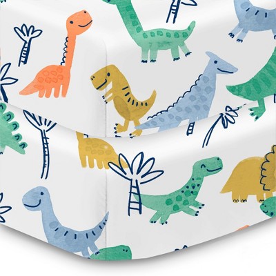 BreathableBaby Cotton Percale Fitted Sheet, For 52" x 28" Crib & Toddler Bed Mattress, AFB Dinos (2-Pack)