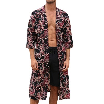 Men's Lightweight Robe Jackets Paisley Printed Bathrobes Open Front Long Cardigan with Pockets