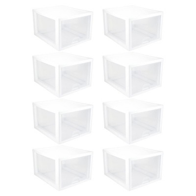Sterilite 27 Quart Modular Stacking Storage Drawer Home Organization Container with Clear Side Panels and White Frame, 8 Pack