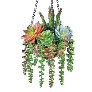 Collections Etc Hanging Colorful Faux Succulents in Rattan Basket - 1 of 2