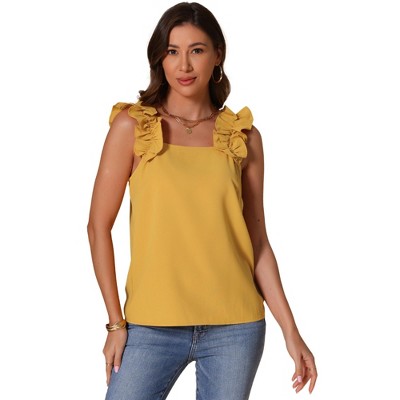 INSPIRE CHIC Women's Square Neck Sleeveless Ruffle Trim Blouse