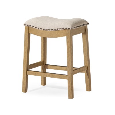 HomeRoots 26" Beige and Natural Fabric and Solid Wood Backless Counter Height Bar Chair