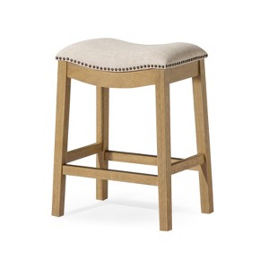 HomeRoots 26" Beige and Natural Fabric and Solid Wood Backless Counter Height Bar Chair - 1 of 4