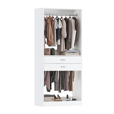 Freestanding Closet System, White Wardrobe Closet Organizer with Hanging Rods & Pull Out Pants Rack