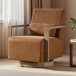 30.3" Faux Leather Modern Swivel Accent Chair with Solid Wood Armrests - 1 of 4