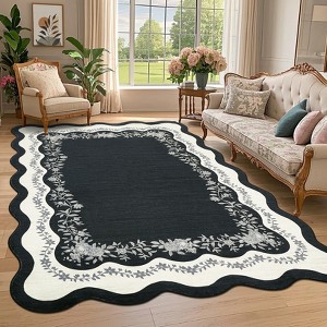 Garvee Scalloped Edge Area Rug Floral Bordered Rug Indoor Non Slip Low Pile Soft Carpet Soft Foldable Accent Rug - 1 of 4