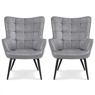 Yaheetech Set of 2 Mid-century Tufted High Back Faux Leather Accent Chair with Wood-tone Metal Leg for Living Room Bedroom Apartment