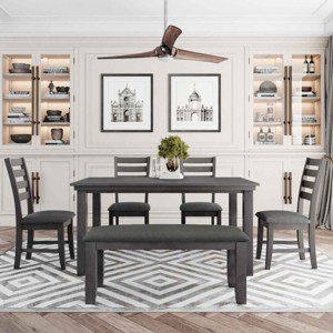 6 PCS Rustic Dining Set with Bench,  Dining Set with Rectangular Table, Upholstered Chairs and Bench with Wood Frame-Coolbibila - 1 of 4