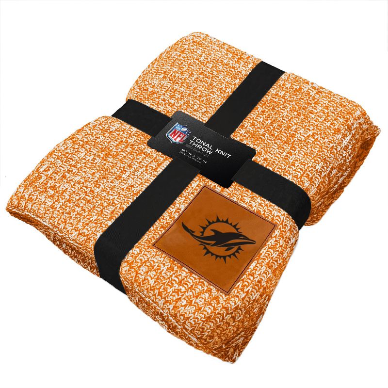 NFL Miami Dolphins Two- Tone Sweater Knit Blanket with Faux Leather Logo Patch, 3 of 4