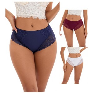 INSPIRE CHIC 3 Pcs Women's Wide Lace Trim Mid-Waisted Underwear Full Coverage Comfortable Briefs - 1 of 4