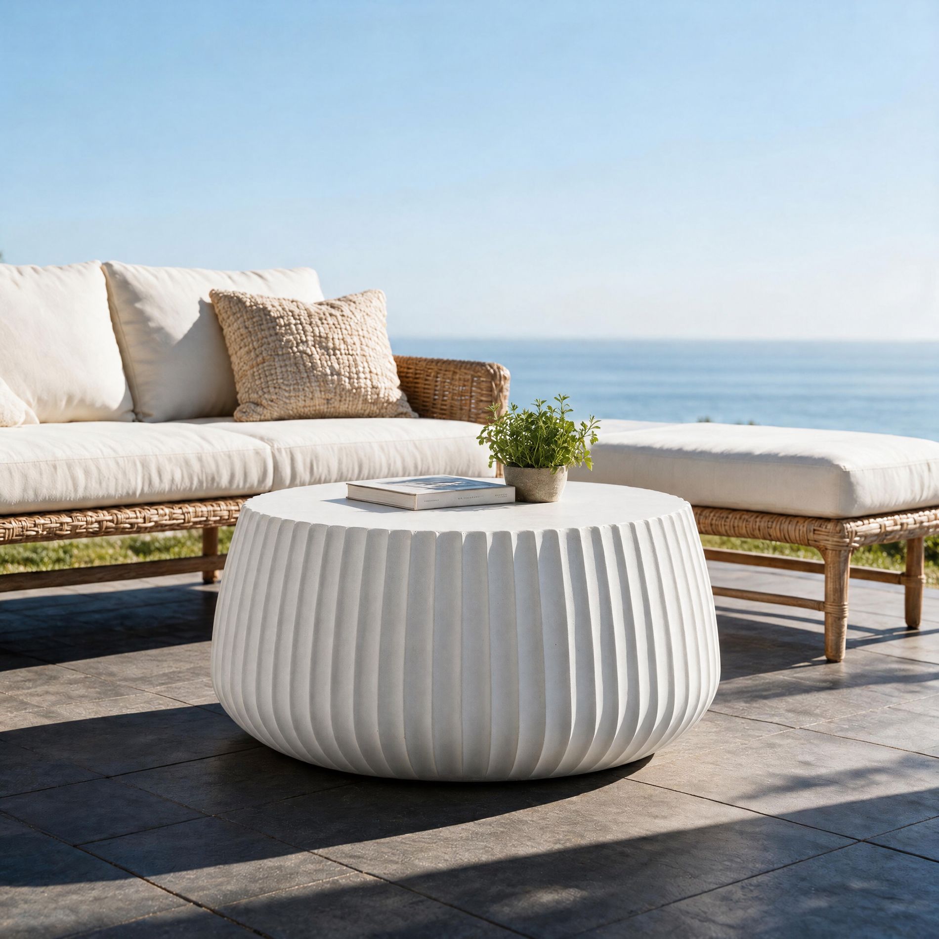 Christopher Knight Home Tegan Modern Lightweight Concrete Fluted Drum Coffee Table, White