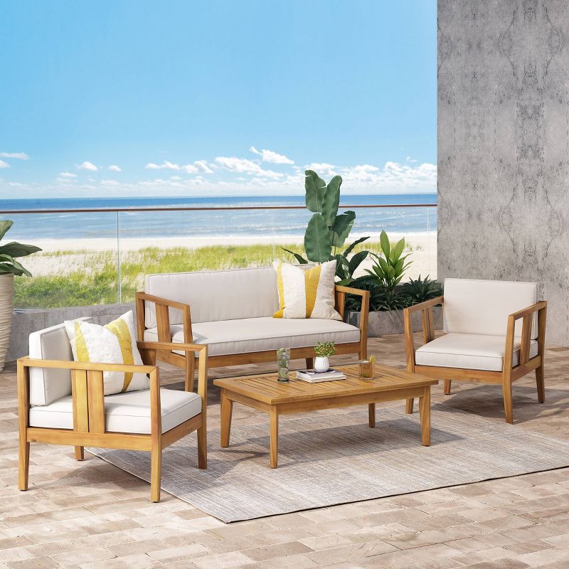 Nicholson Outdoor 4 Seater Acacia Wood Chat Set - Teak/Beige - Christopher Knight Home, 3 of 17