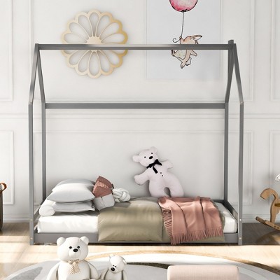 CAVINAS Twin/Full Size Wooden House-Shaped Bed Frame,Cute Floor Bed for Kids Room,Bedroom