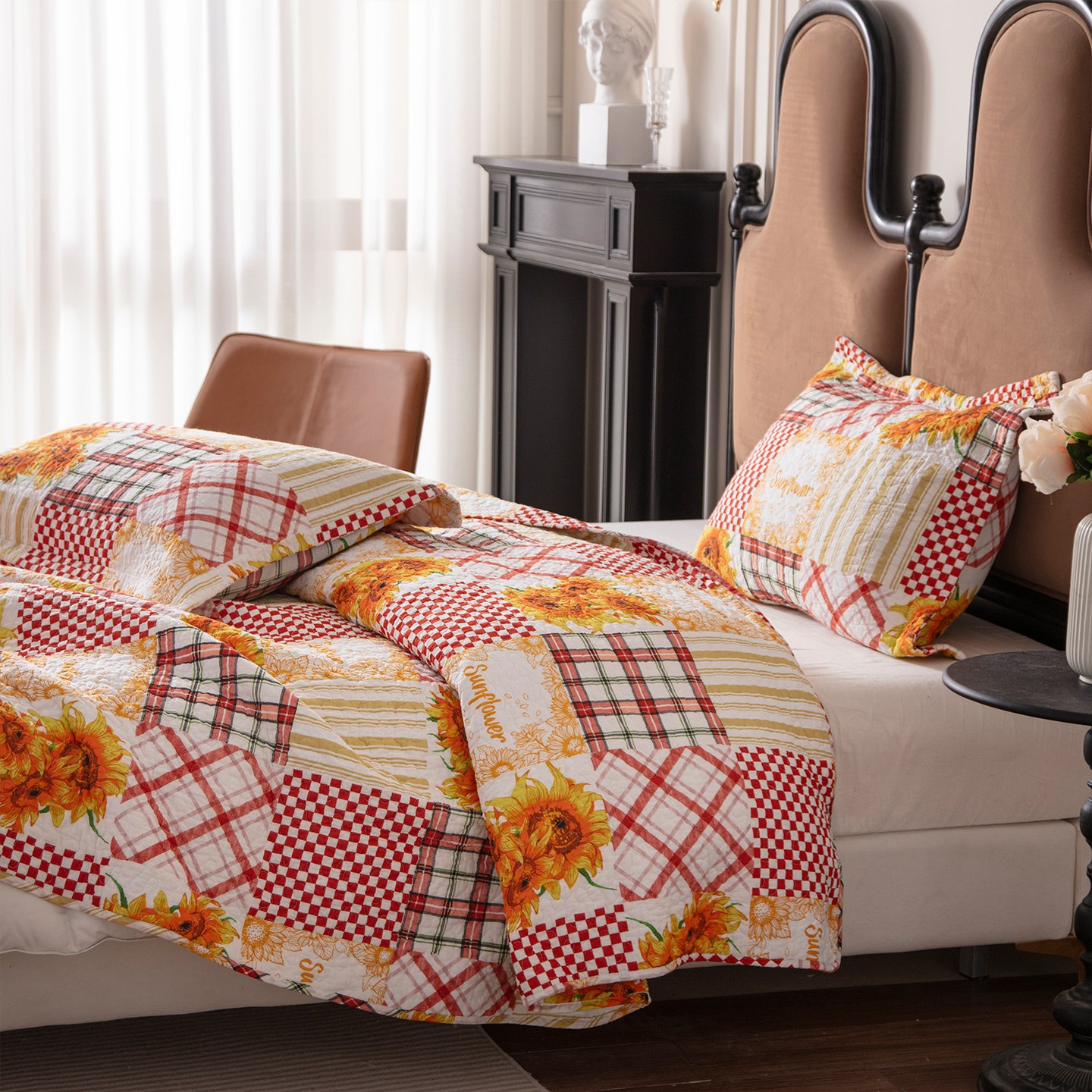 Комплект с покрывалом Acoinel Sunflower Patchwork Quilt Set - 3-Piece Reversible Bedspread with Pillow Shams — фото 8