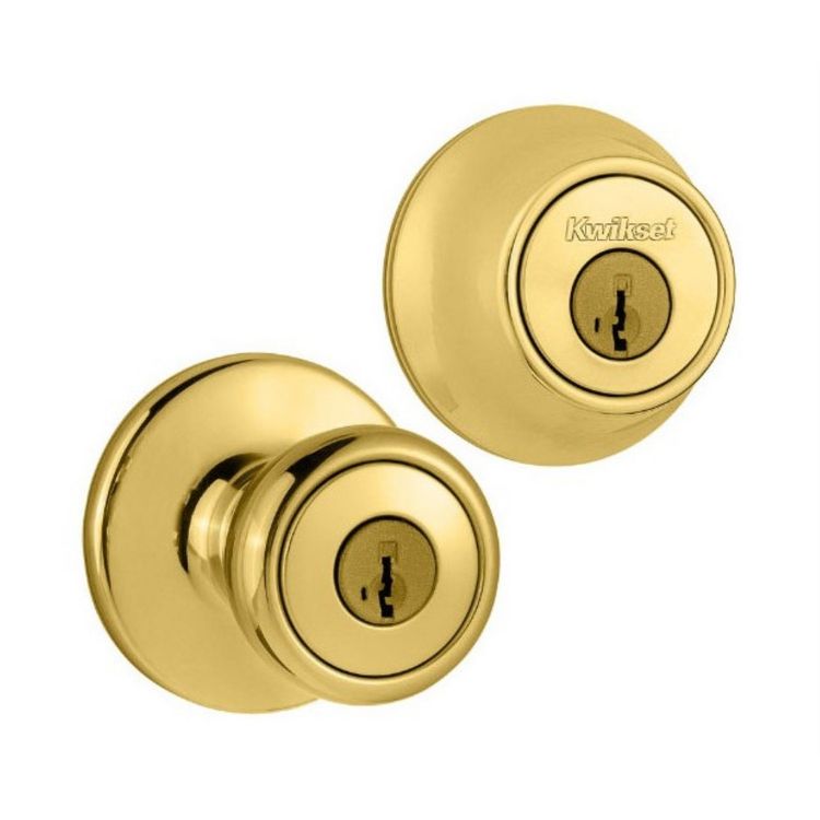 Kwikset Tylo Entry Knob and Single Cylinder Deadbolt Combo, Polished Brass, 2 of 3