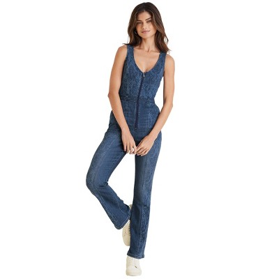 VENUS Womens Lace Print Denim Jumpsuit  -  2, Medium Wash
