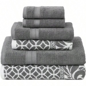 6 - Piece Cotton Towel Set - Reversible Jacquard, Dark Gray Towels (27"x54") Hand Towels (16"x28") Washcloths (13"x13") - 1 of 4