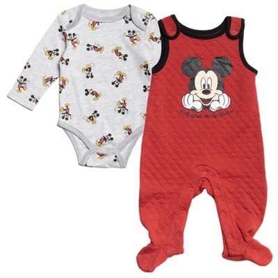 Image of Disney Mickey Mouse Newborn Baby Boys Cuddly Bodysuit Snap French Terry Overall Gray / Red 3-6 Months