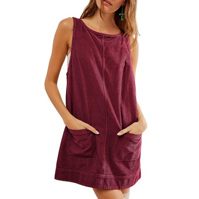 Women's plaid corduroy sleeveless dress with pockets and open-back design
