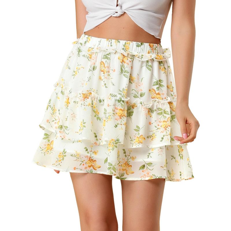 Allegra K Women's Layered Ruffle Hem Elastic Waist A-Line Skater Floral Mini Skirt, 1 of 7