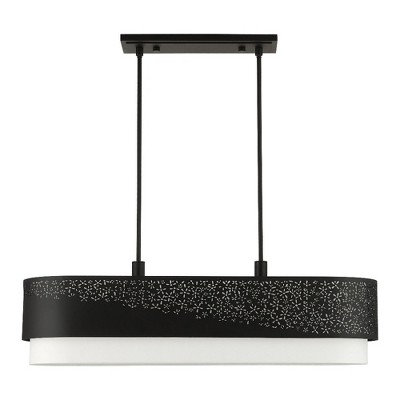 Noria Black Steel 6-Light Linear Chandelier with Off-White Shade