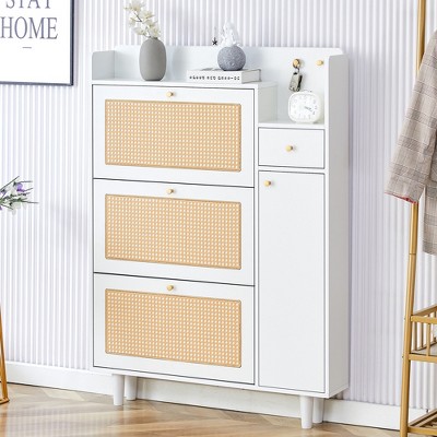 DOMETOUR Rattan Shoe Cabinet, Modern Minimalist Storage Cabinet for Corridors and Living Rooms