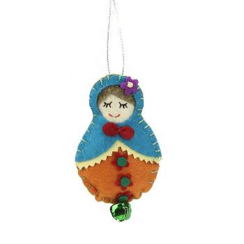 Ganz 4" Plush Felt Doll with Jingle Bell Christmas Ornament - Turquoise Blue and Green