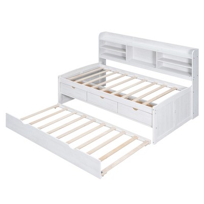 Bellemave Twin Captain Bed with Bookshelves, 3 Drawers & Trundle, Wooden Daybed Frame for Kids, Teens, Dorm, Guest Room, White