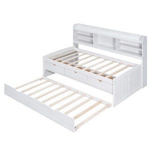 Bellemave Twin Captain Bed with Bookshelves, 3 Drawers & Trundle, Wooden Daybed Frame for Kids, Teens, Dorm, Guest Room, White - 1 of 4
