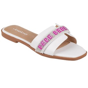 bebe Women's Slide Sandals - Slip-On Comfort with Rhinestone, Pearl, and Logo Embellished Straps - Casual Flat Sandals - 1 of 4