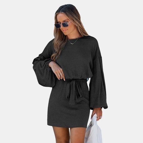 Женские платья Cupshe Women's Chic Ribbed Knit Belted Sweater Dress-S-Black