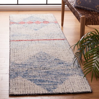 Ivory and Blue Abstract Hand-Tufted Wool Runner Rug