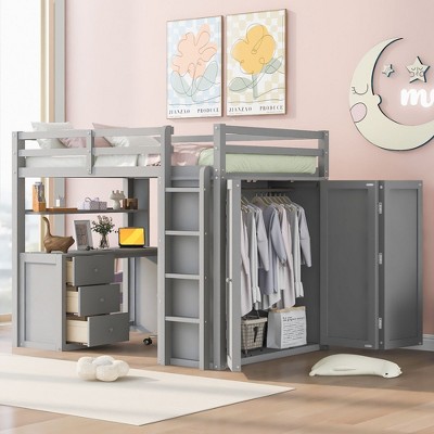 Sapphtopaz Loft Bed with Drawers Desk & Wardrobe,Wood Bed Frame with Ladder & Safety Guardrail,Space-Saving Bunk Bed for Teens & Kids