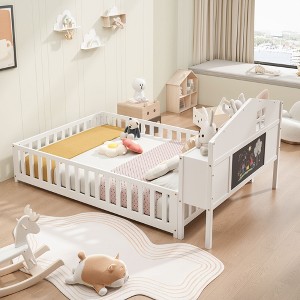 Okak Full Size Platform Bed Frame with Door & Fence, Wooden Floor Bed with Support Slats for Toddlers/Kids Bedroom - 1 of 3
