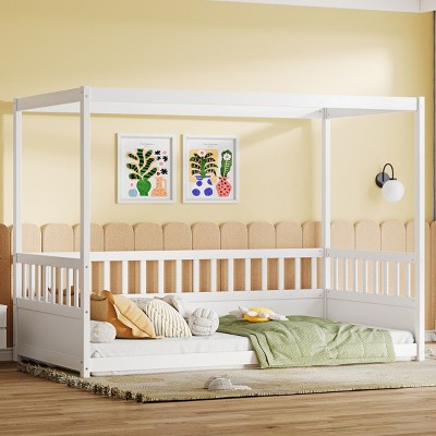 1pc Twin Canopy Floor Bed, Solid Wood Montessori Frame, With Guardrails for Kids Bedroom Safety - Baofuwish