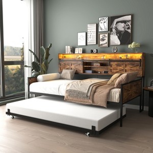 TiramisuBest Twin Daybed with Trundle, Farmhouse Daybed Frame with Sliding Barn Door Headboard and Charging Station & LED Light - 1 of 4