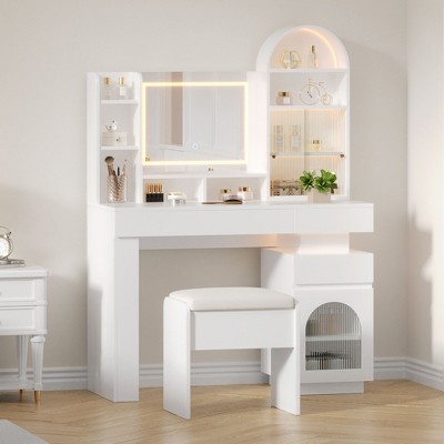 Makeup Vanity Desk with Mirror and Lights, Dressing Table with 3 Drawers and 11 Storage Shelves, Vanity Dresser for Bedroom Dressing