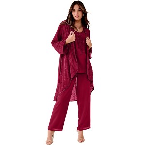 Roaman's Petite Plus Size Beaded Georgette 3-Piece Pant Set – Formal Wear - 1 of 4