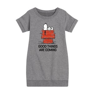 - Peanuts - Good Things Are Coming Snoopy Graphic Short Sleeve Fleece Dress - 1 of 4
