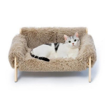 Mewoofun Pet Beds Cat Couch and Indoor Pet Sofa, Wooden Elevated with Removable Mattress Cover, Suitable for Kitty or Puppy, Brown, 22"*17.7"*10.6"