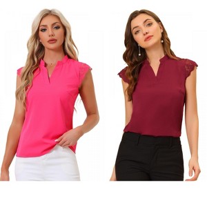 INSPIRE CHIC Women's Work Office V Neck Stand Collar Lace Cap Sleeve Basic Blouse 2 Pieces - 1 of 4